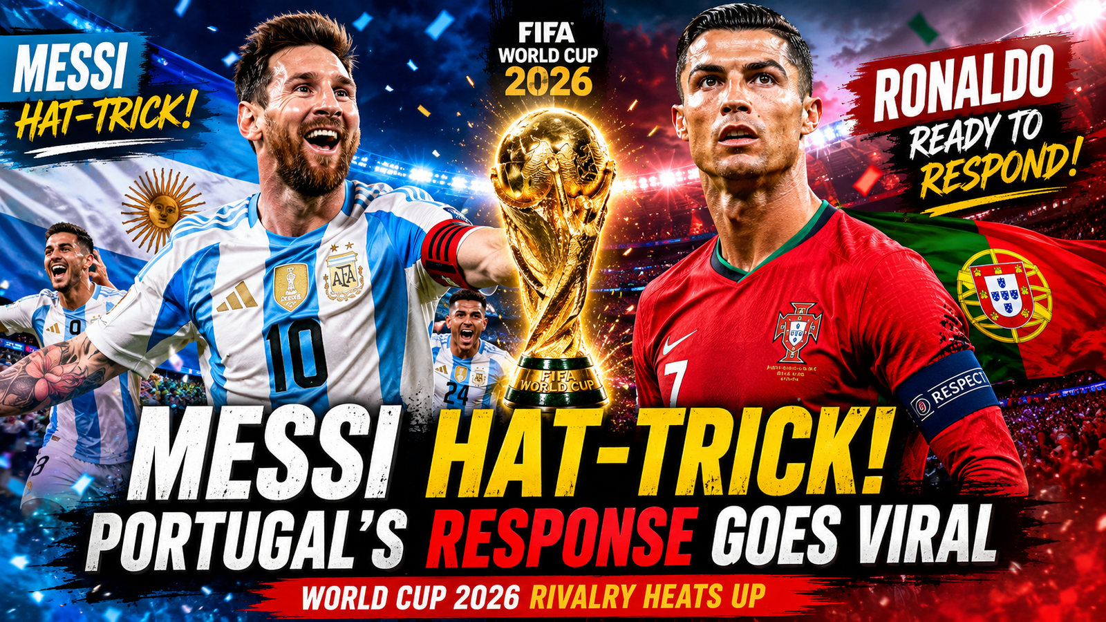Cristiano Ronaldo and Lionel Messi at the FIFA World Cup 2026, split-screen composition, Messi celebrating a hat-trick in Argentina jersey on the left, Ronaldo focused and determined in Portugal jersey on the right, packed stadium with cheering fans, World Cup trophy glowing in the background, dramatic stadium lights, intense rivalry atmosphere, ultra-realistic sports photography, vibrant colors, cinematic lighting, high detail, 4K, news website featured image, professional sports journalism style, trending football headline design, dynamic action pose