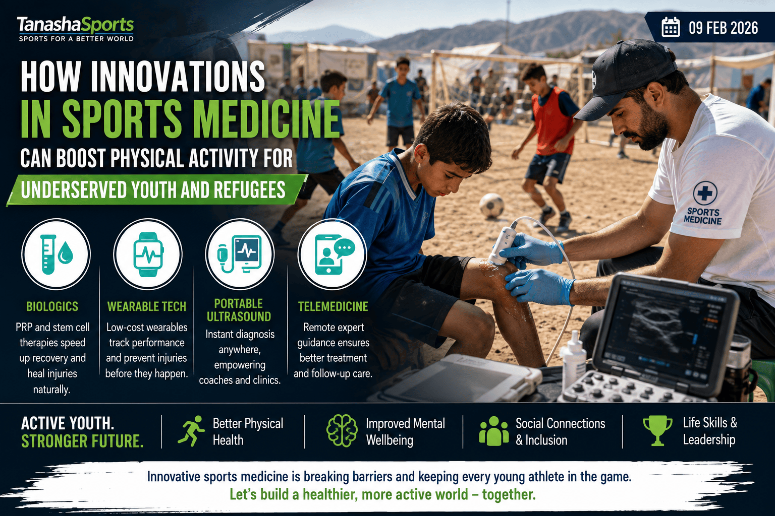 sports medicine, youth sports, sports medicine innovations, underserved youth, refugee sports programs, sports injuries, PRP therapy, sports injury prevention, wearable sports technology, portable ultrasound, telemedicine, youth physical activity, sports for development, refugee youth sports, sports rehabilitation, injury prevention, community sports, sports health